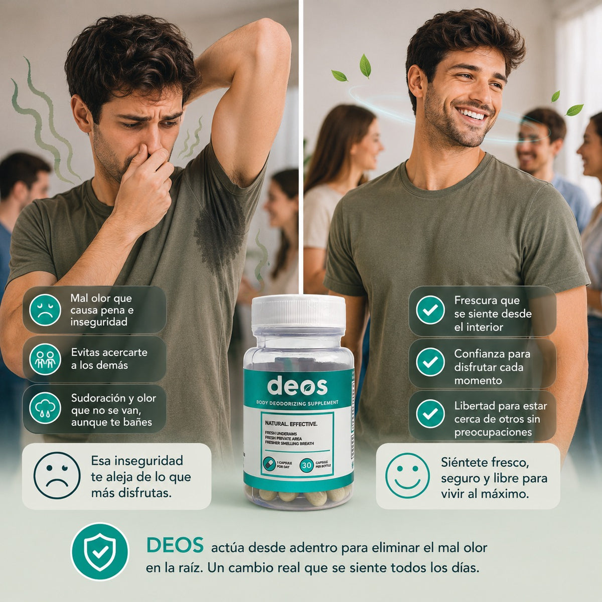 DEOS DESODORIZANTE:  Elimina de raíz los olores que te quitan confianza.