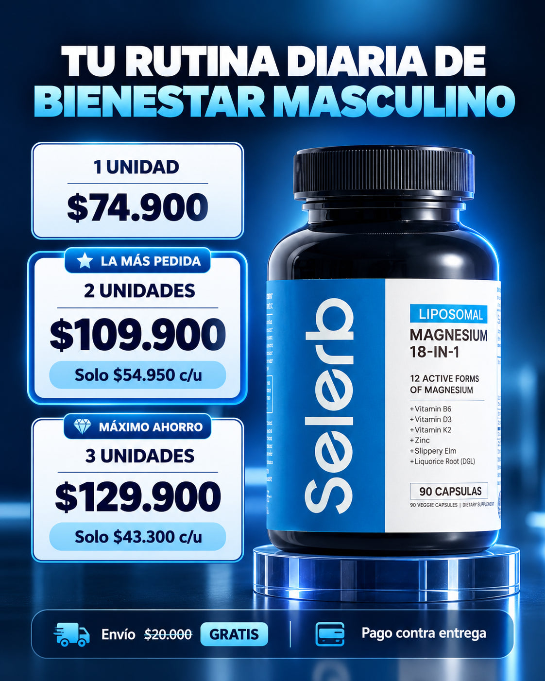 Selerb NAD+: Complemento de rutina diaria de bienestar masculino.
