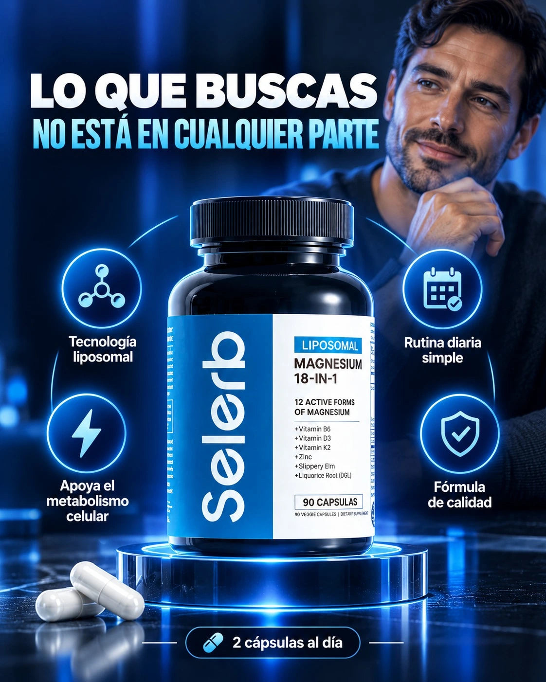 Selerb NAD+: Complemento de rutina diaria de bienestar masculino.